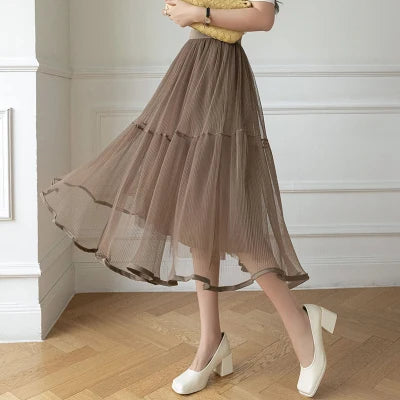 YiXin 2023 Long Skirts for Women Wholesale High Waist Mesh Elegant Skirts for Girls a Line Pleated Ladies Skirts