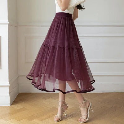YiXin 2023 Long Skirts for Women Wholesale High Waist Mesh Elegant Skirts for Girls a Line Pleated Ladies Skirts