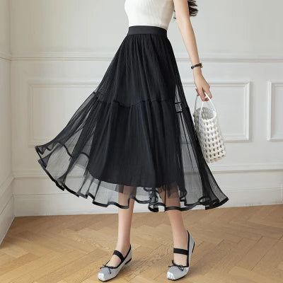 YiXin 2023 Long Skirts for Women Wholesale High Waist Mesh Elegant Skirts for Girls a Line Pleated Ladies Skirts