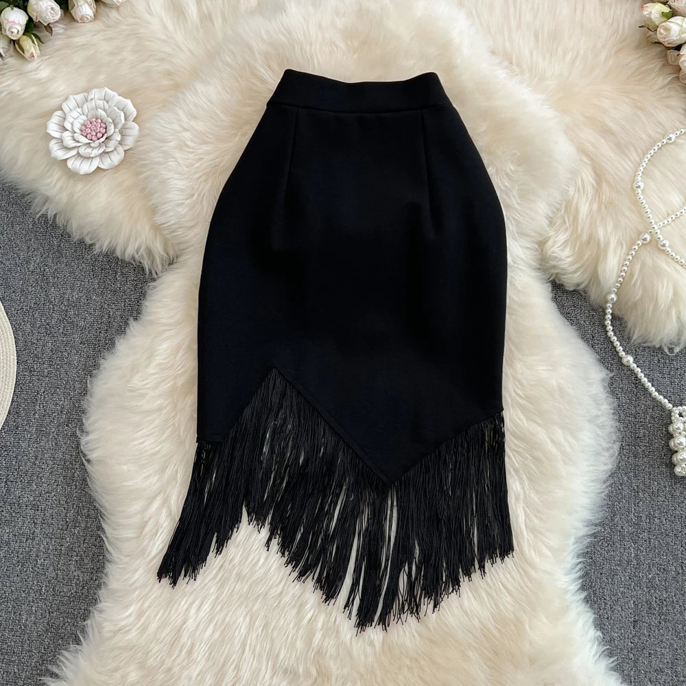 Summer Solid Tassel A-Line Skirt Women Casual High Waist Midi Skirts for Girls Sexy Skirt Clothes Women Wholesale