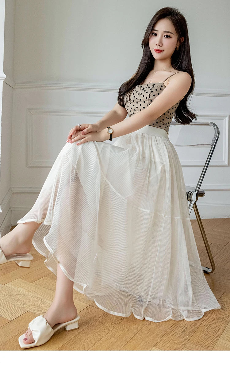 YiXin 2023 Long Skirts for Women Wholesale High Waist Mesh Elegant Skirts for Girls a Line Pleated Ladies Skirts
