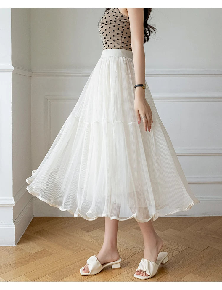 YiXin 2023 Long Skirts for Women Wholesale High Waist Mesh Elegant Skirts for Girls a Line Pleated Ladies Skirts