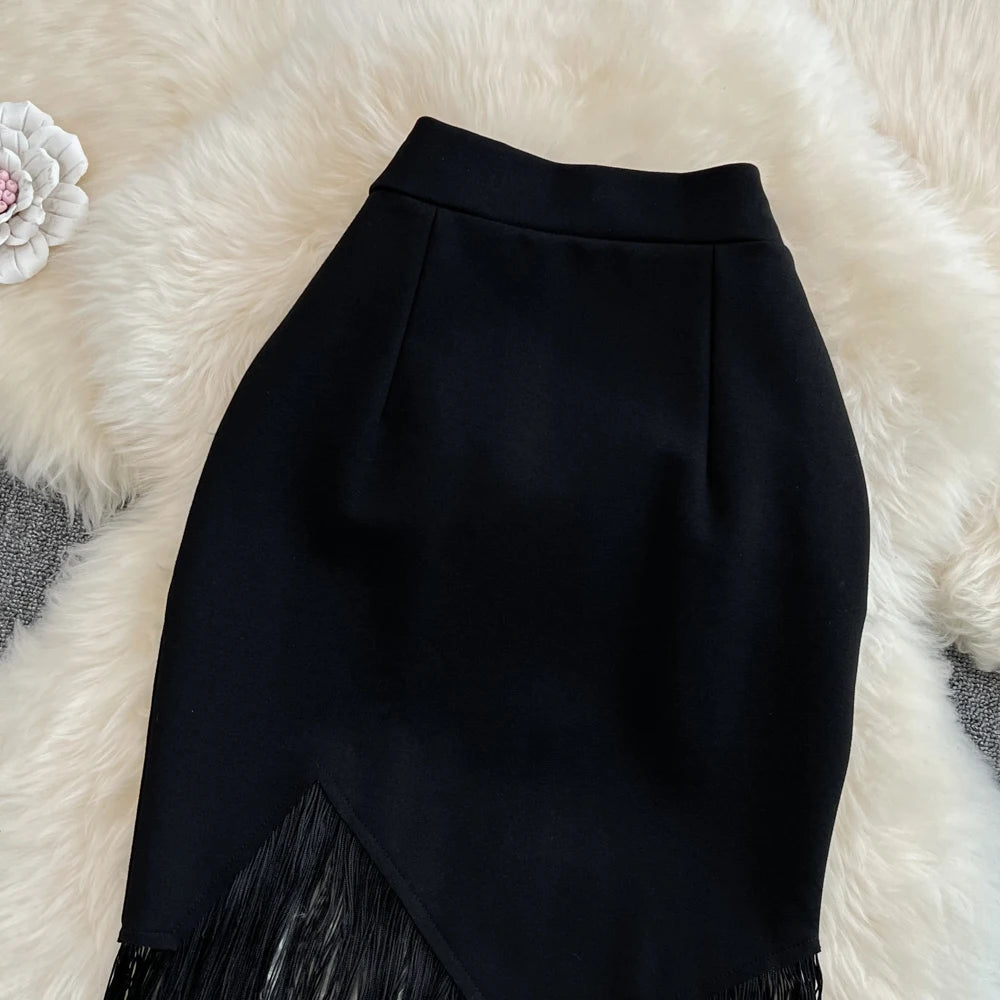 Summer Solid Tassel A-Line Skirt Women Casual High Waist Midi Skirts for Girls Sexy Skirt Clothes Women Wholesale