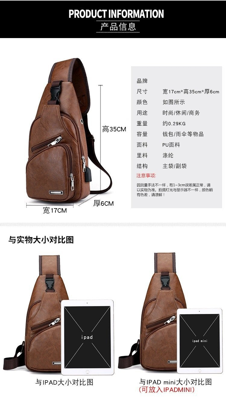 Men's Chest Bags Pack Business Messenger USB Charging Fashion PU Leather Waist Outdoor Casual Sports Brand Single Shoulder Bag