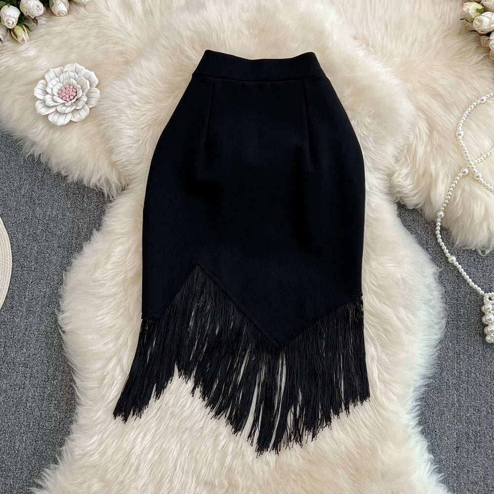 Summer Solid Tassel A-Line Skirt Women Casual High Waist Midi Skirts for Girls Sexy Skirt Clothes Women Wholesale