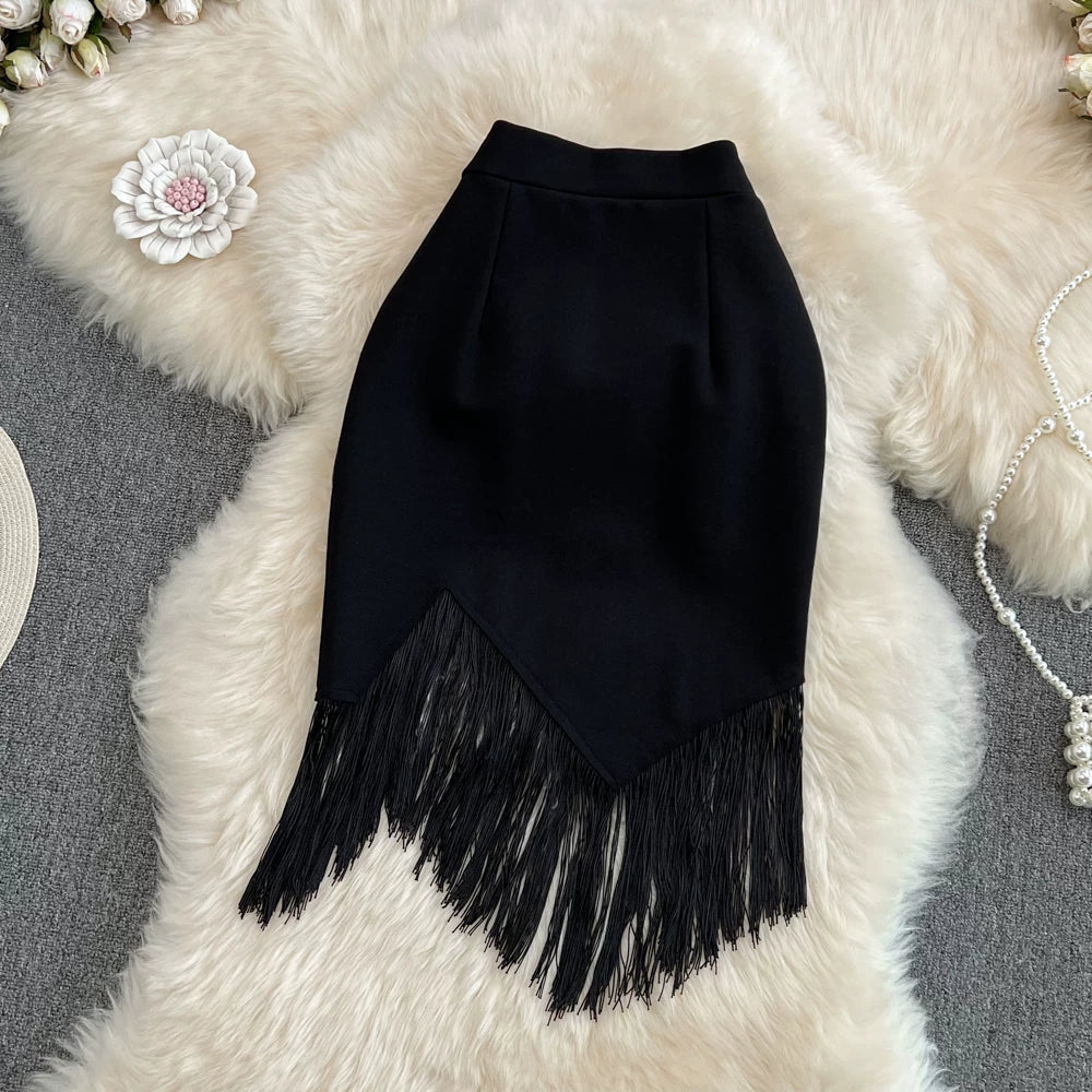 Summer Solid Tassel A-Line Skirt Women Casual High Waist Midi Skirts for Girls Sexy Skirt Clothes Women Wholesale