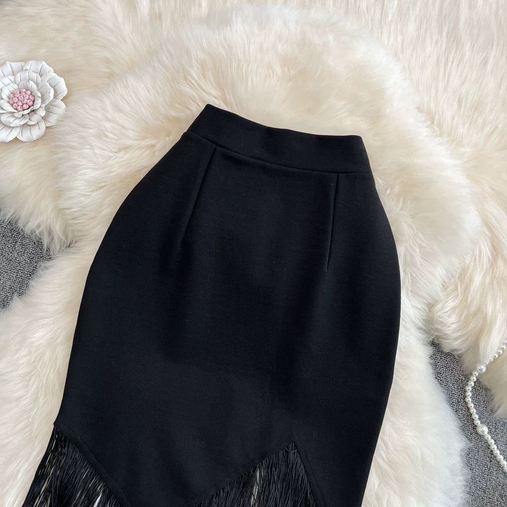 Summer Solid Tassel A-Line Skirt Women Casual High Waist Midi Skirts for Girls Sexy Skirt Clothes Women Wholesale