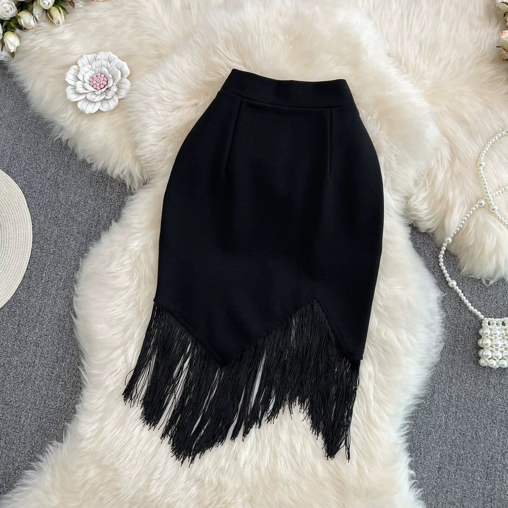 Summer Solid Tassel A-Line Skirt Women Casual High Waist Midi Skirts for Girls Sexy Skirt Clothes Women Wholesale