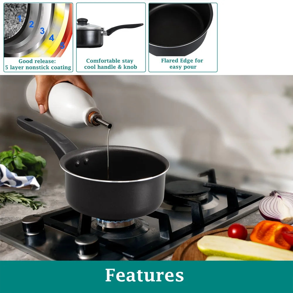3 Piece Non-Stick Sauce Pans Set Includes 1Qt 2Qt Pots with Lid Easy Clean Dishwasher Safe Lightweight Heat Resistant Kitchen