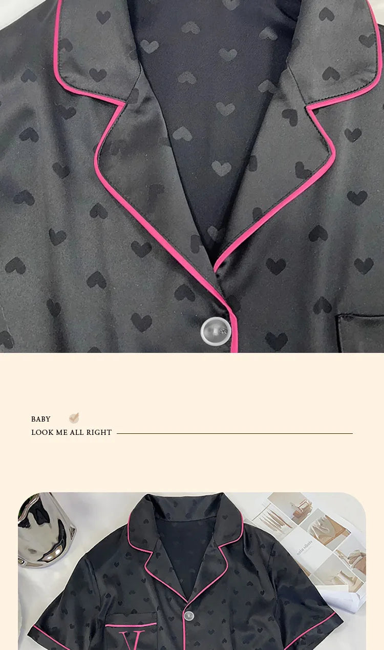 Summer Nightwear for Women: Ice-Silk Cool-Touch Short-Sleeved Premium Black Heart-Print Outerwear-Style Loungewear Fashion Set