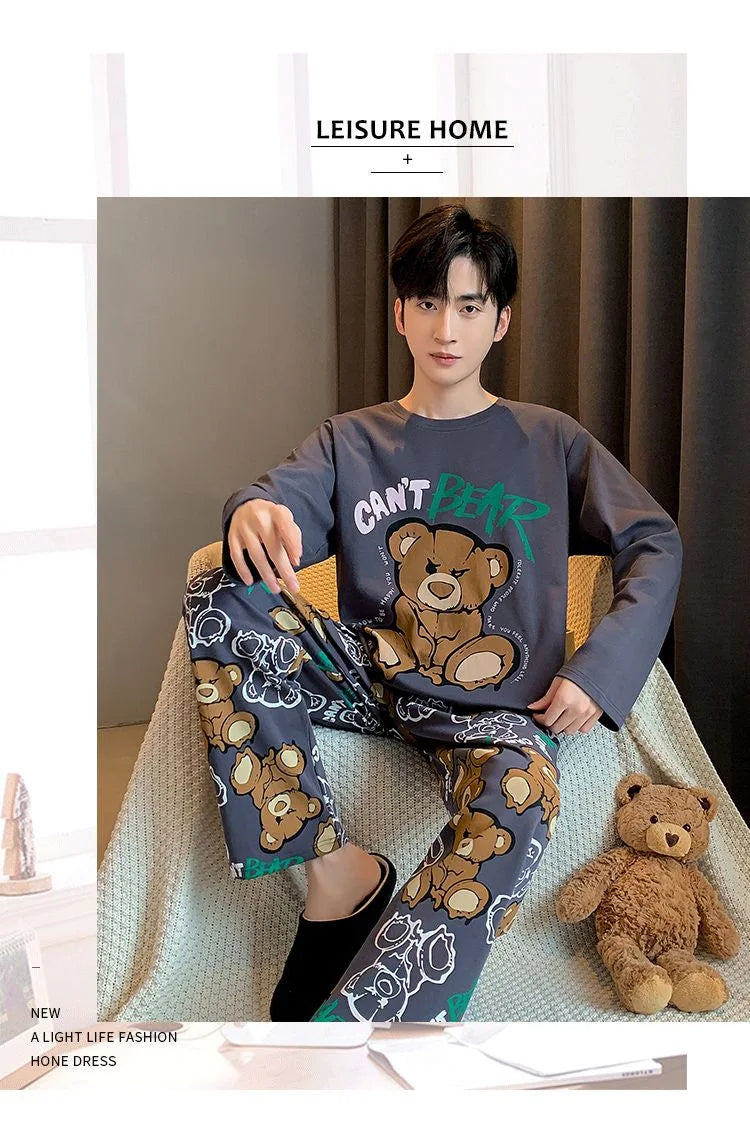 Plus Size Men Pajama Set Long Sleeve Long Pants Student Loose Casual Sleepwear Loungewear Two Piece Set Cartoon Nightwear