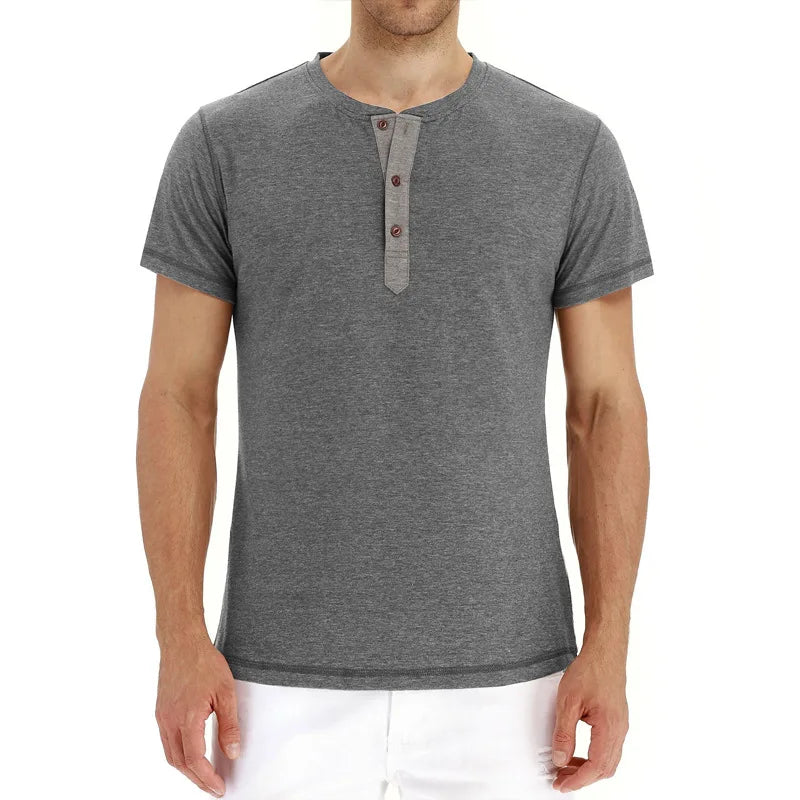 Summer Men T Shirt Short Sleeve Fashion Henley Collar Tshirt Solid Button Casual Men's Tshirts Cotton Tops Tees Mens Clothing