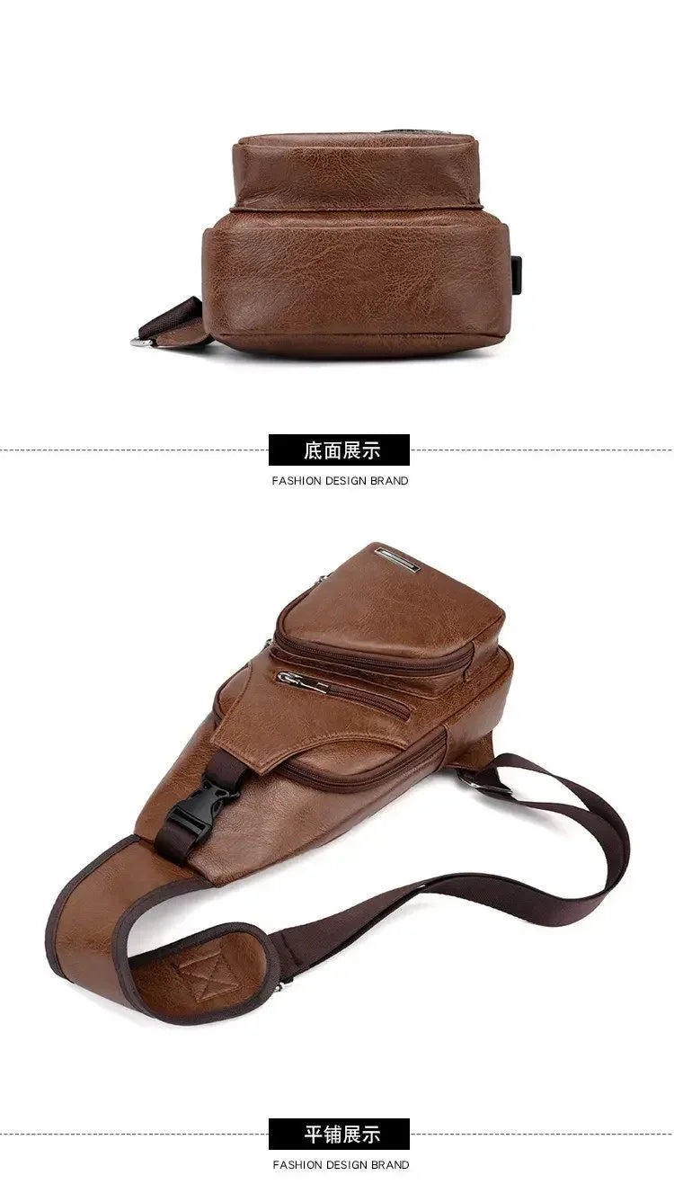 Men's Chest Bags Pack Business Messenger USB Charging Fashion PU Leather Waist Outdoor Casual Sports Brand Single Shoulder Bag