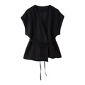 HH Women Summer Elegant Suits Flax Blended Double-lapel Lace-up Vest Tops Raglan Sleeve Button Decoration Streetwear Vest