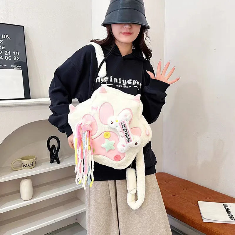 Girls Lovely Backpack cow Bones Cat Paws Plush Bags for Woman Streetwear Cosplay Apparel Bags Girls Wallet Phone Shoulders Bag