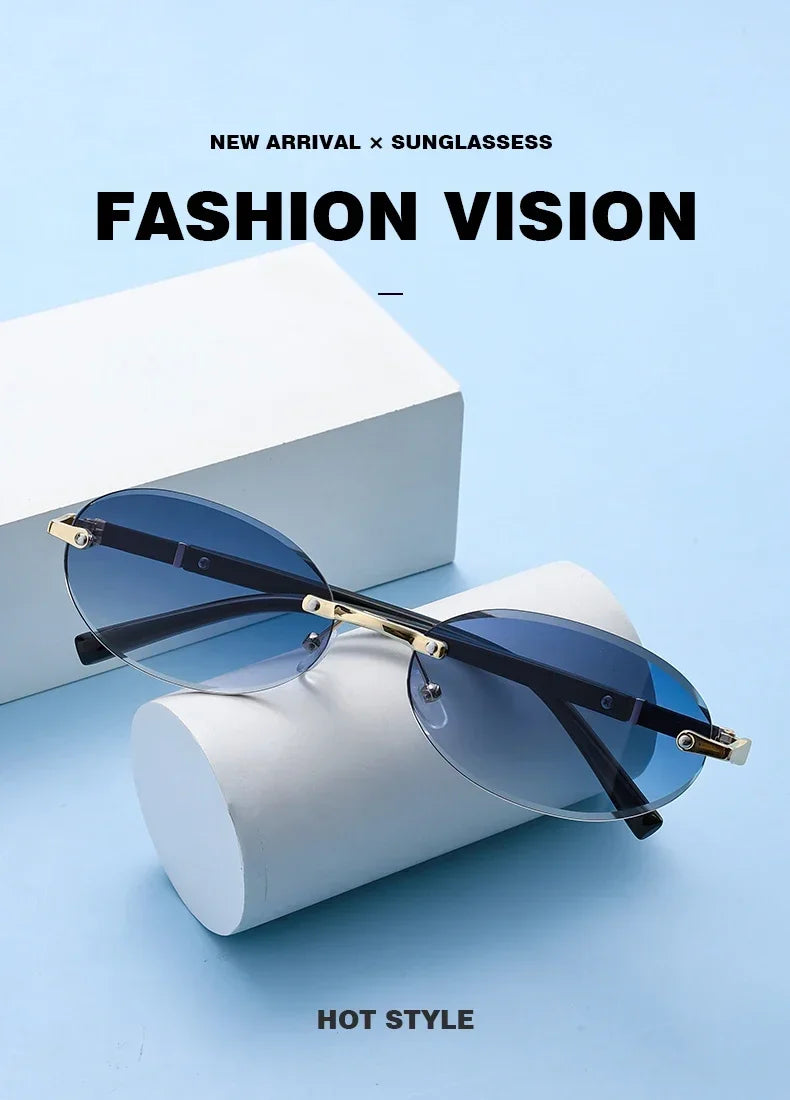 Popular Women Shades Oval Sun Glasses for Female Male Summer Glasses UV400 Rimless Sun Glasses Round Fashion Gafas De Sol Очки