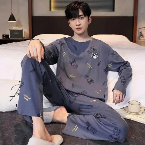 Plus Size Men Pajama Set Long Sleeve Long Pants Student Loose Casual Sleepwear Loungewear Two Piece Set Cartoon Nightwear