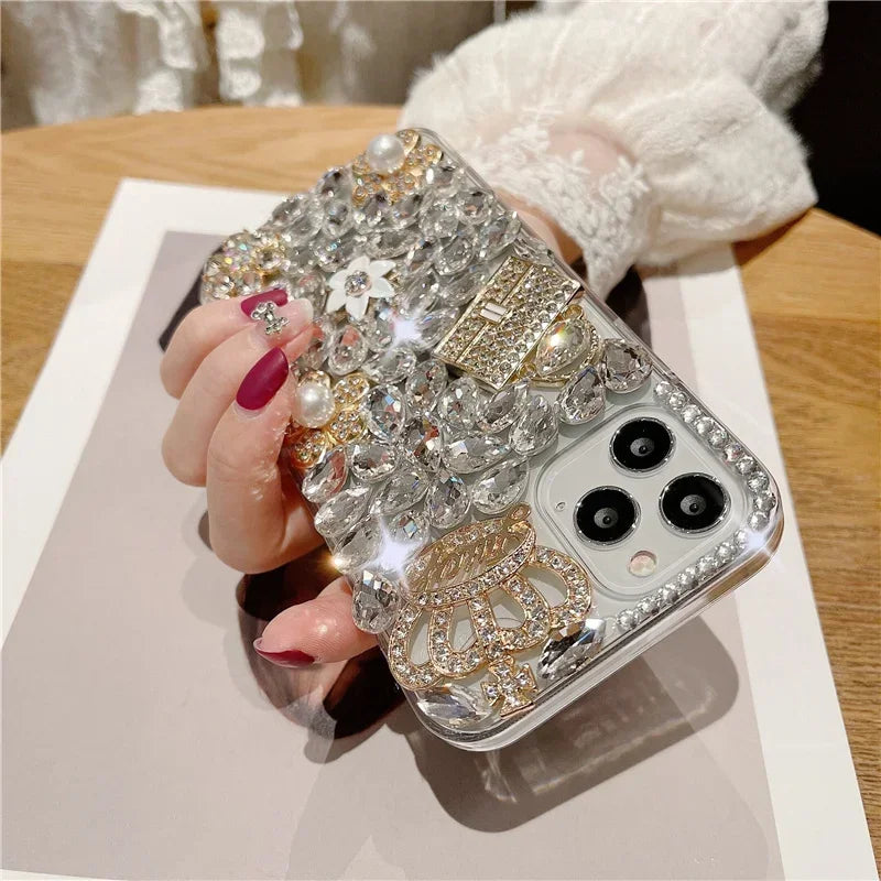 Luxury Bling Flower Diamond Bag Crown Rhinestone Case For iphone 15Pro 14Plus 13 Mini 12 11Pro 17 Air 16 PLUS Cover