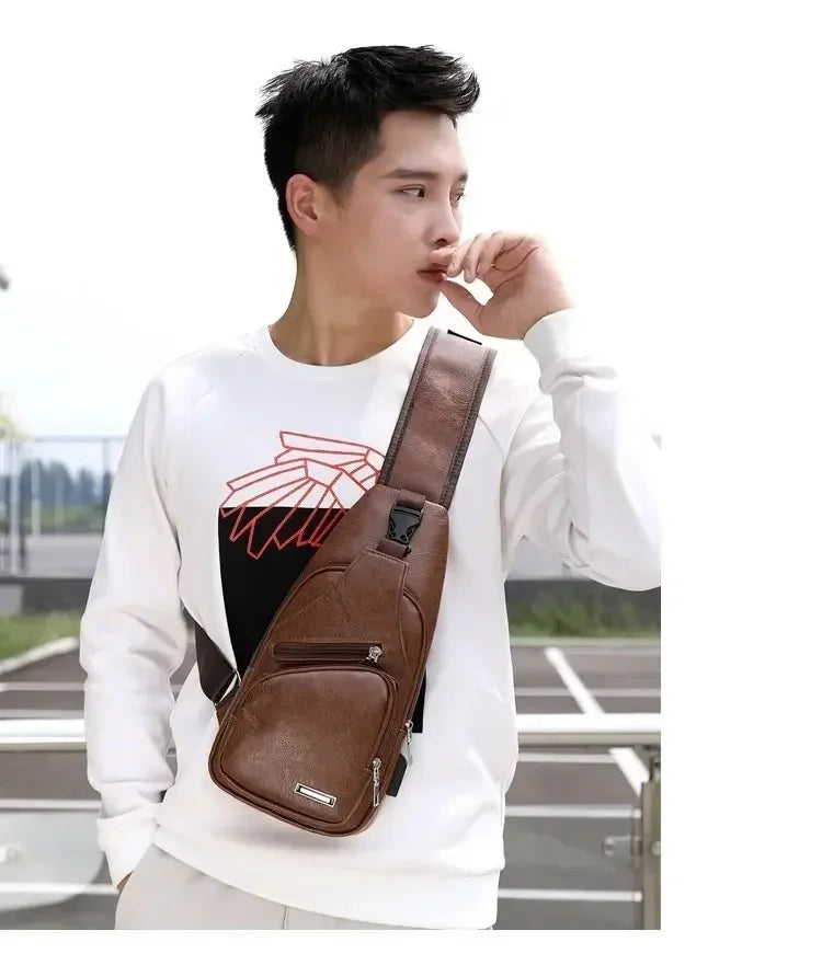 Men's Chest Bags Pack Business Messenger USB Charging Fashion PU Leather Waist Outdoor Casual Sports Brand Single Shoulder Bag
