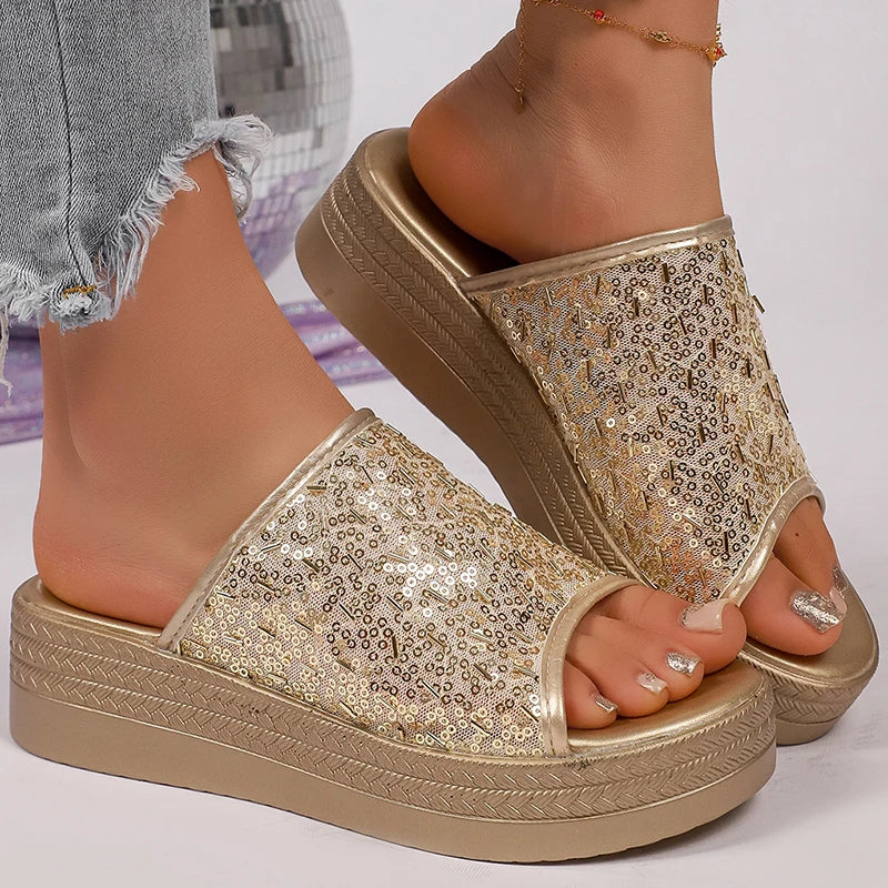 Women's Luxury Sequins Decor Gold Sandals 2026 Summer Thick Sole Platform Wedge Sandals Woman Plus Size 43 Designer Sandalias