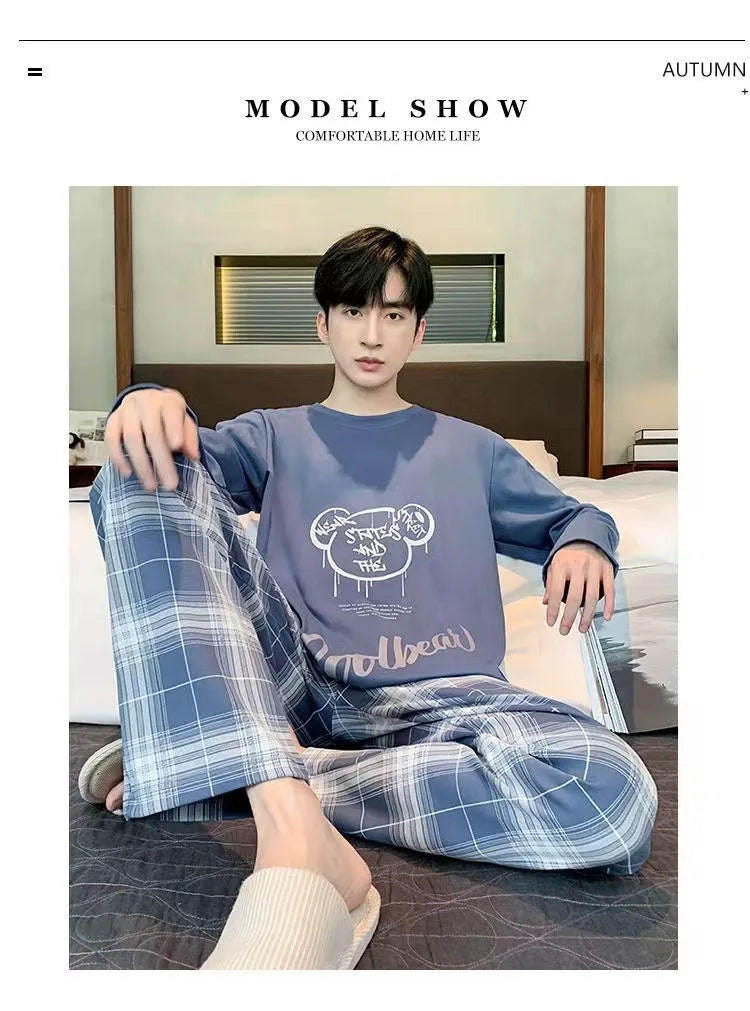 Plus Size Men Pajama Set Long Sleeve Long Pants Student Loose Casual Sleepwear Loungewear Two Piece Set Cartoon Nightwear