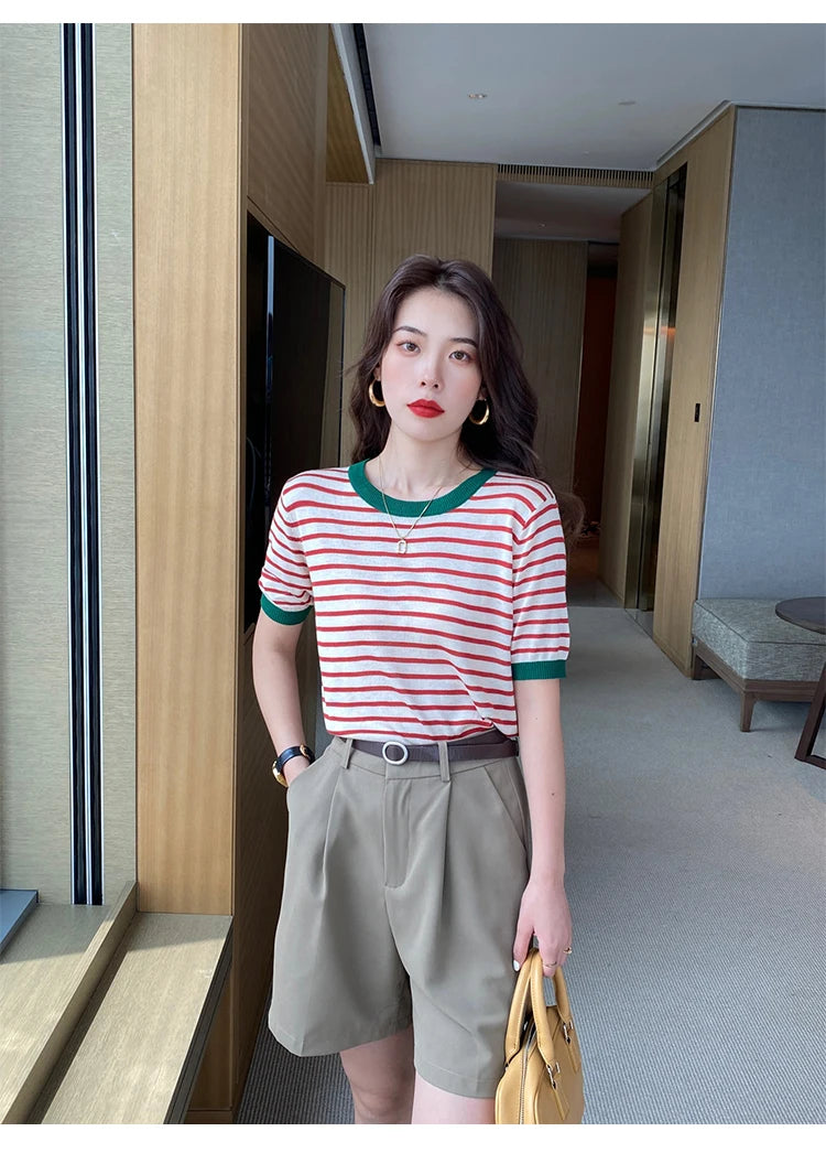 2026 Stripe Tops Women Knitted Round Collar Summer Print Short Sleeve Casual Simple Wild T-Shirt
