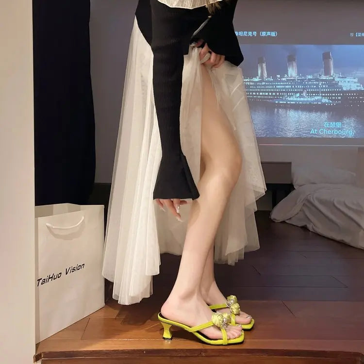 Fashionable Floral Pearl Summer Sandals Women's Trendy Slip-On Shoes Korean Style Elegant Mid Heel PU Leather Artificial Inte