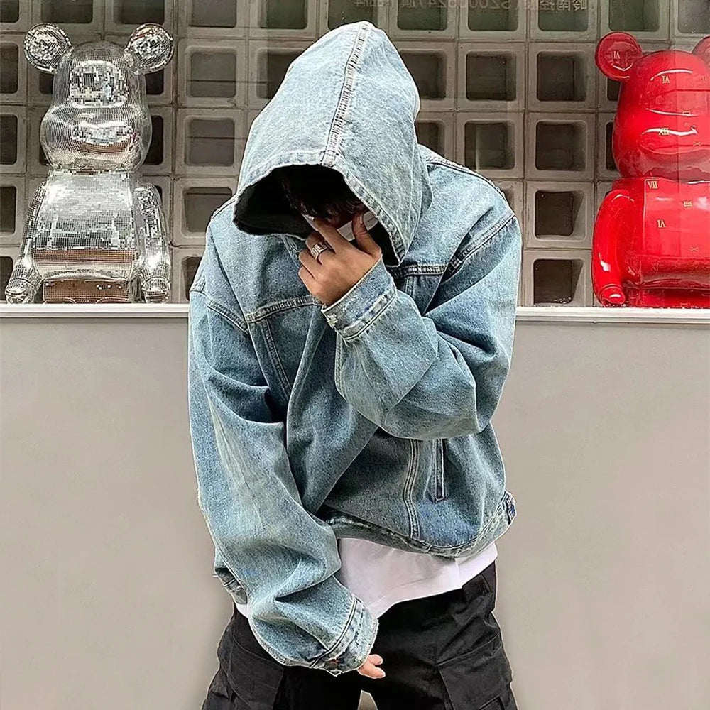 Mens Autumn Fashion Denim Washed Distressed Retro Hoodie Genderless Street Fashion Casual Loose Denim Sweatshirt Unisex