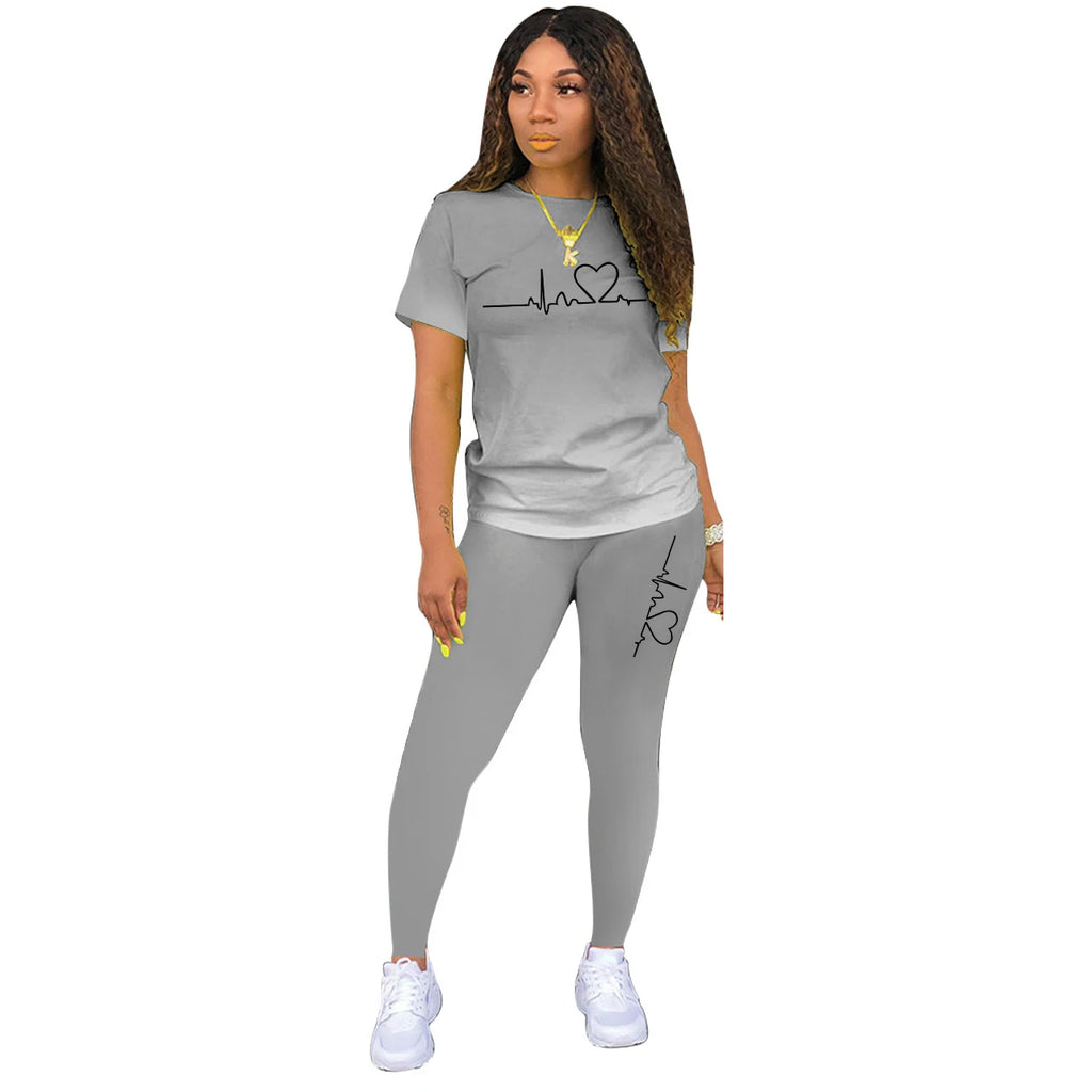 Summer Women Fashion Print Clothes T-shirt and Pants Suit Summer Sport Wear Casual Cotton Yoga Gym Lady Clothes Suit