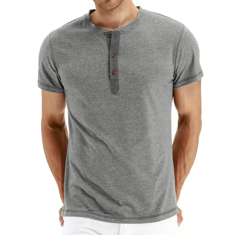 Summer Men T Shirt Short Sleeve Fashion Henley Collar Tshirt Solid Button Casual Men's Tshirts Cotton Tops Tees Mens Clothing