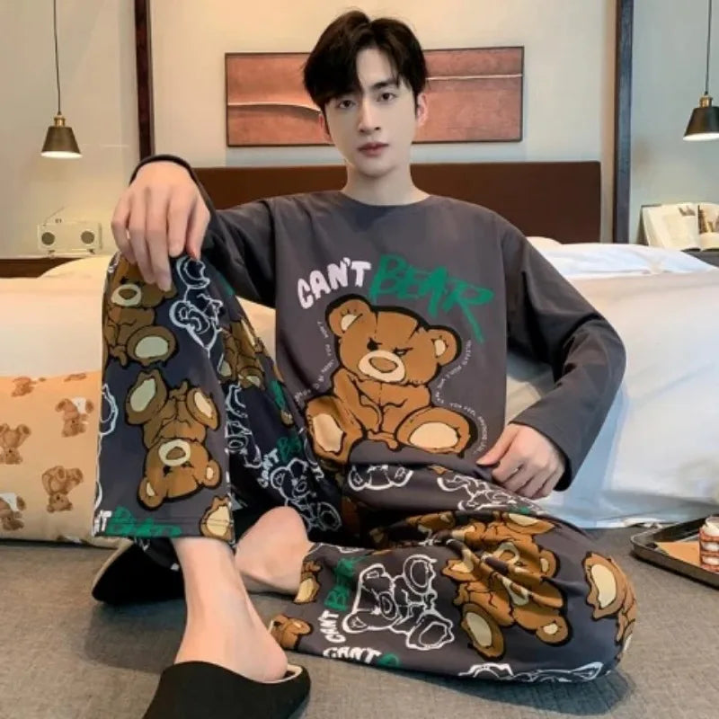 Plus Size Men Pajama Set Long Sleeve Long Pants Student Loose Casual Sleepwear Loungewear Two Piece Set Cartoon Nightwear