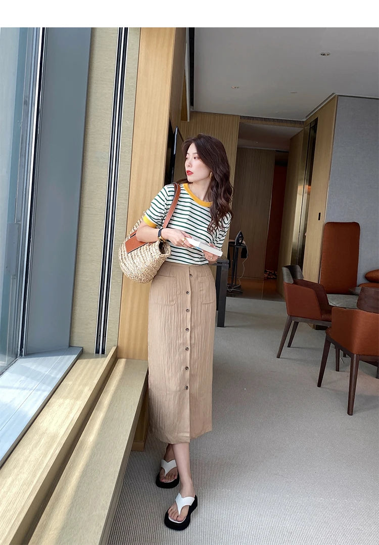 2026 Stripe Tops Women Knitted Round Collar Summer Print Short Sleeve Casual Simple Wild T-Shirt