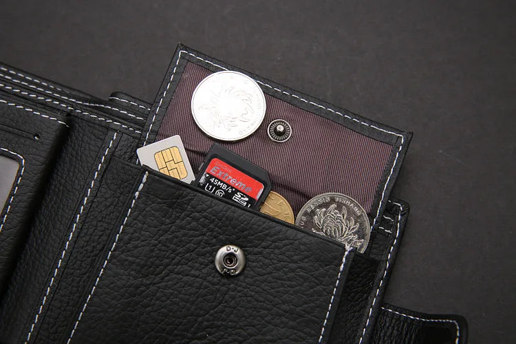 Genuine Leather Mens Wallet Premium Product Real Cowhide Wallets for Man Short Black Walet Portefeuille Homme Short Purses