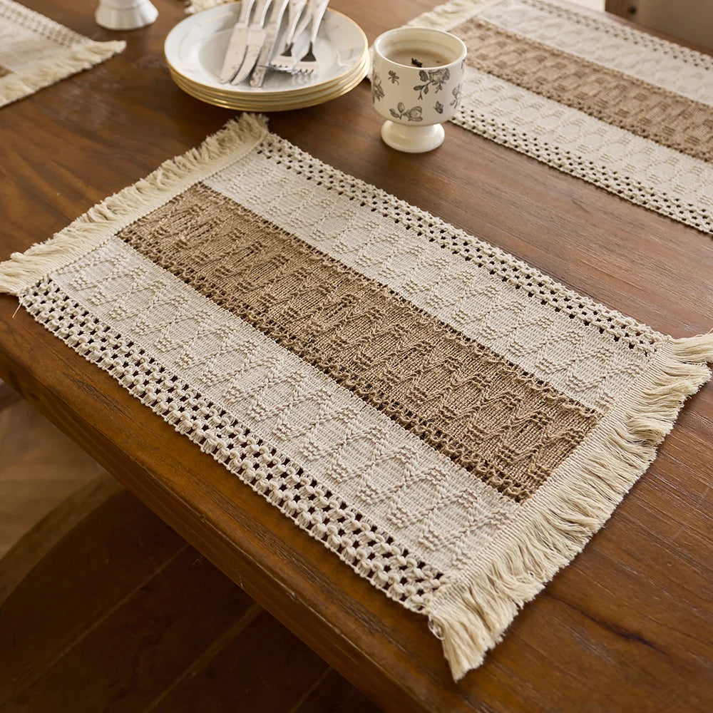 Placemat Set of 4，Handmade Boho Natural Cotton Burlap and Water Straw Woven Combination Table Mats, Macrame Décor and Farmhouse