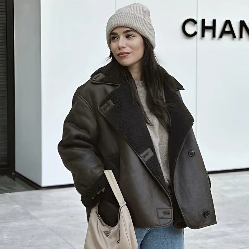 Women's Jackets 2025 New Faux Leather Jackets For Women Winter Warm Bomber Jacket Woman Long Sleeve Demi-Season Plush Jacket