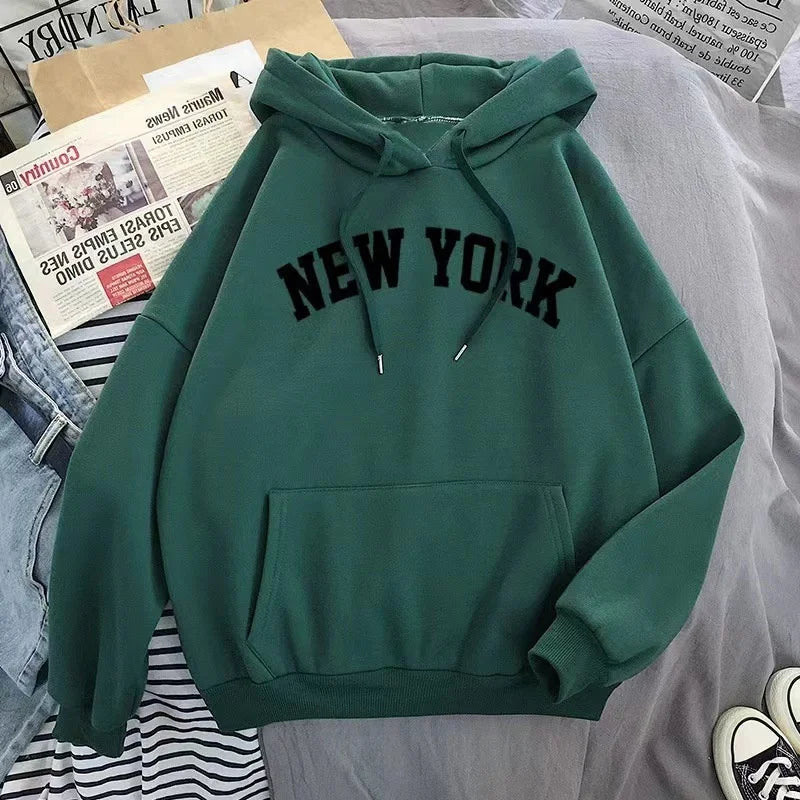 Hoodie Europe and America Sweatshirts for Women New York Letter y2k Autumn Winter Oversized Plus Velvet Casual Loose Fleece Tops