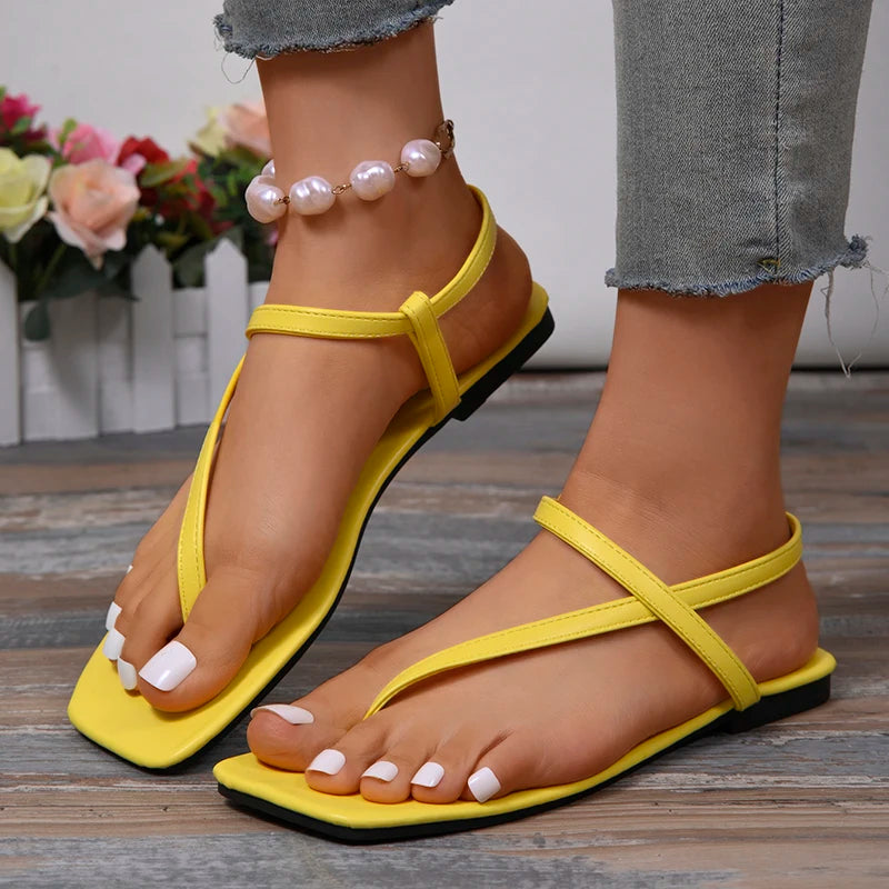 Fashion Women Square Toe Clip Toe Sandals Summer Soft Sole Comfort Non Slip Beach Sandels Bright Color Narrow Band Zapatos Mujer