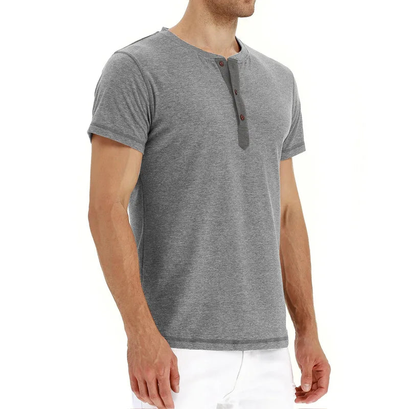 Summer Men T Shirt Short Sleeve Fashion Henley Collar Tshirt Solid Button Casual Men's Tshirts Cotton Tops Tees Mens Clothing