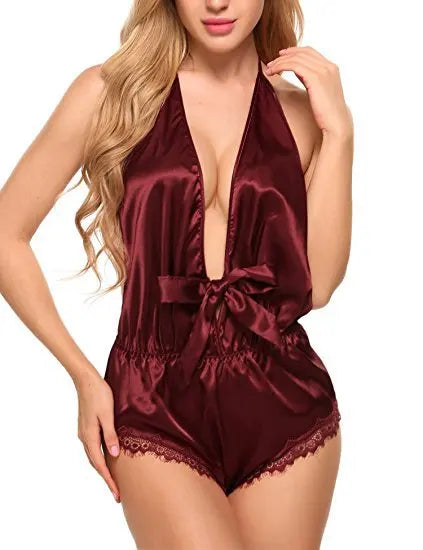 Women Nightdress Sexy Lace Satin Smooth Silk Nightwear Halter Sleepwear Set Nighties for Female Deep V Neck Hot Night Dress Wear