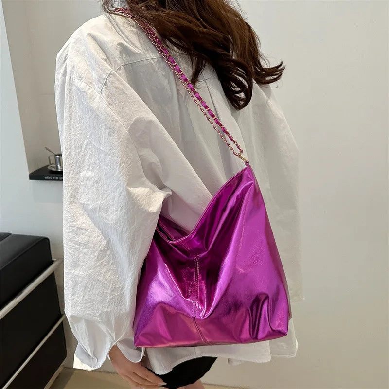 Glossy Tote Bags for Women Fashion High Capacity Shopping Pouch PU Leather Handags Shiny Casual Female Purse Girls Shoulder Bag