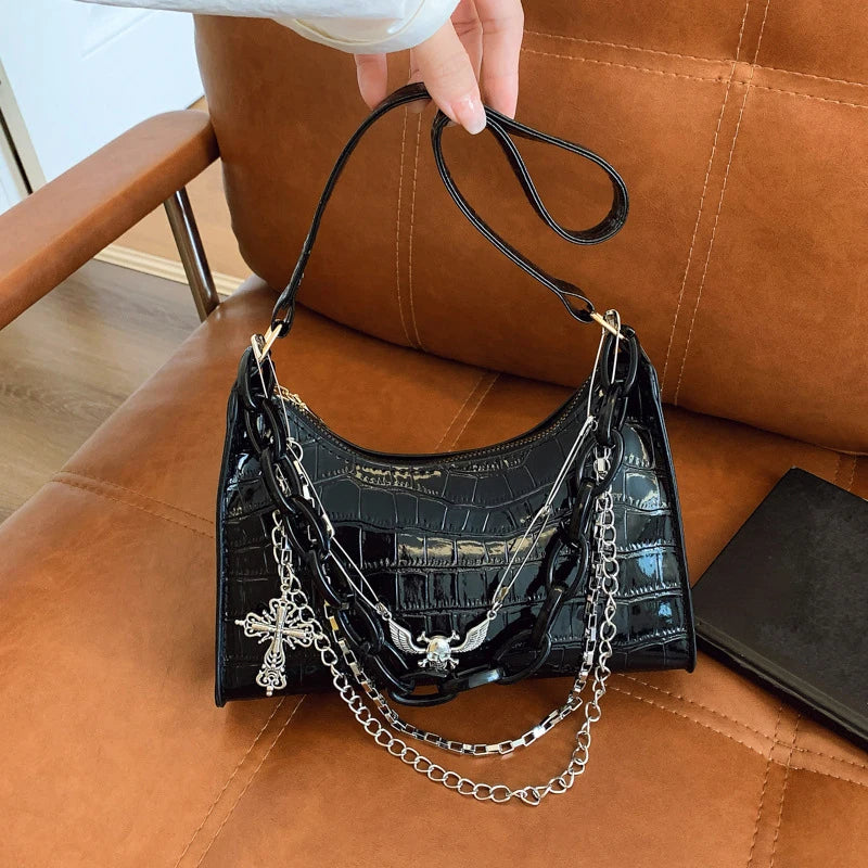 Cool Hot Girls Underarm Bags Purse Retro Punk Style Women Shoulder Handbags Chain Pu Leather Ladies Phone Crossbody Bag