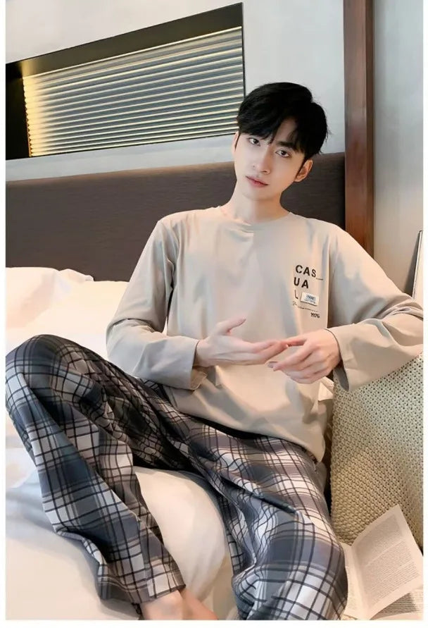 Plus Size Men Pajama Set Long Sleeve Long Pants Student Loose Casual Sleepwear Loungewear Two Piece Set Cartoon Nightwear