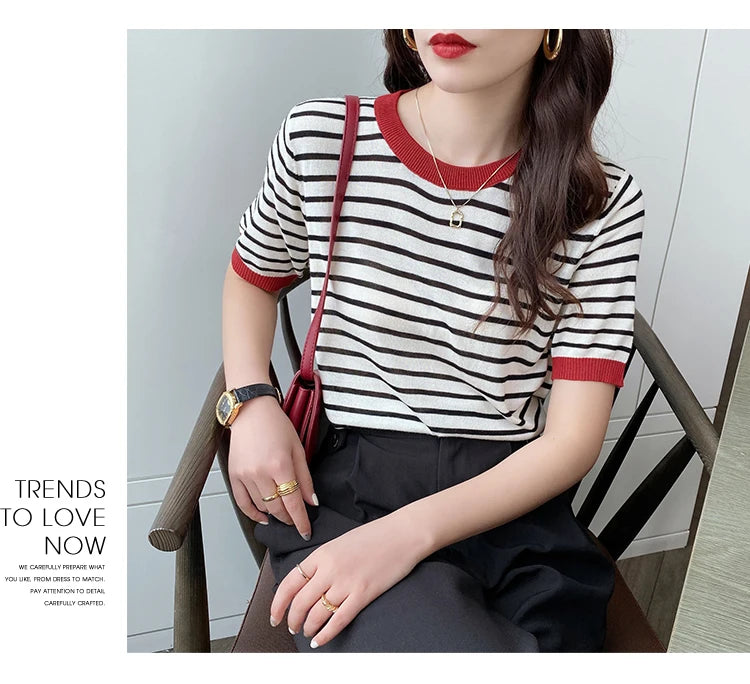 2026 Stripe Tops Women Knitted Round Collar Summer Print Short Sleeve Casual Simple Wild T-Shirt