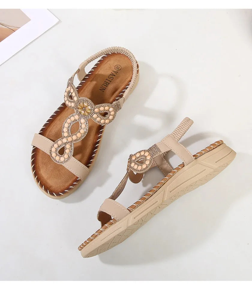 New fashionable Bohemian sandals, round-toe flat sandals for women, rhinestone-decorated large-size women's sandals