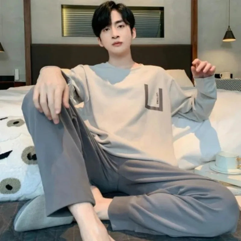 Plus Size Men Pajama Set Long Sleeve Long Pants Student Loose Casual Sleepwear Loungewear Two Piece Set Cartoon Nightwear