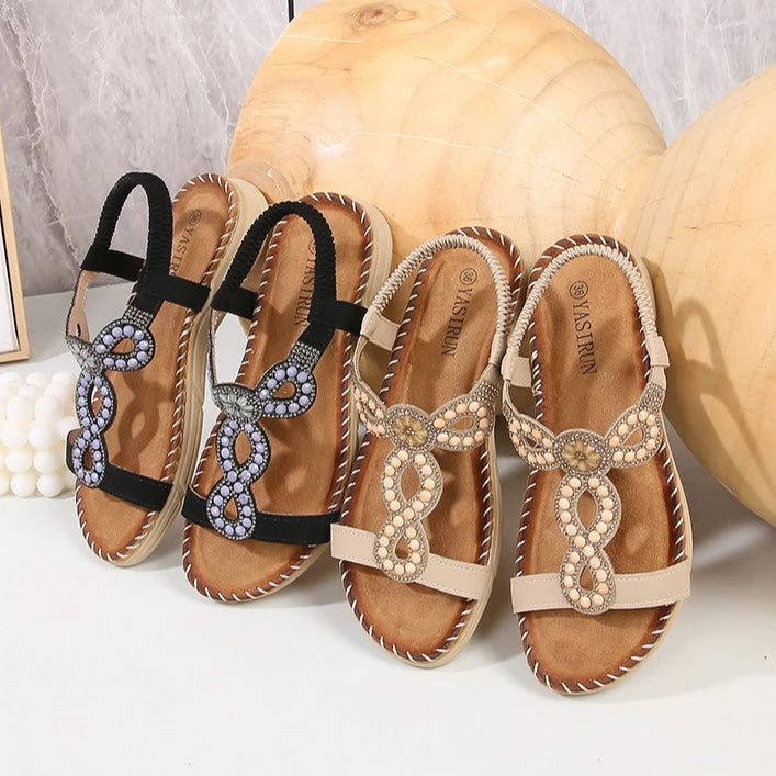 New fashionable Bohemian sandals, round-toe flat sandals for women, rhinestone-decorated large-size women's sandals