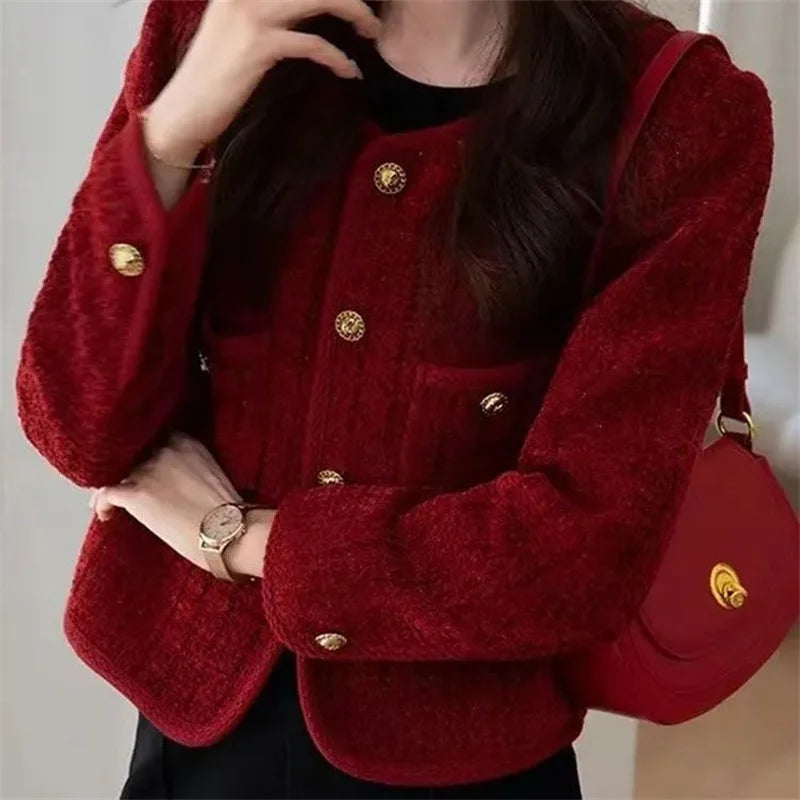 Women's Jacket 2024 Spring Autumn New Red Tweed Small Fragrance Coat Short Blazers Korean Fashion Elegant Female Tops Outerwear