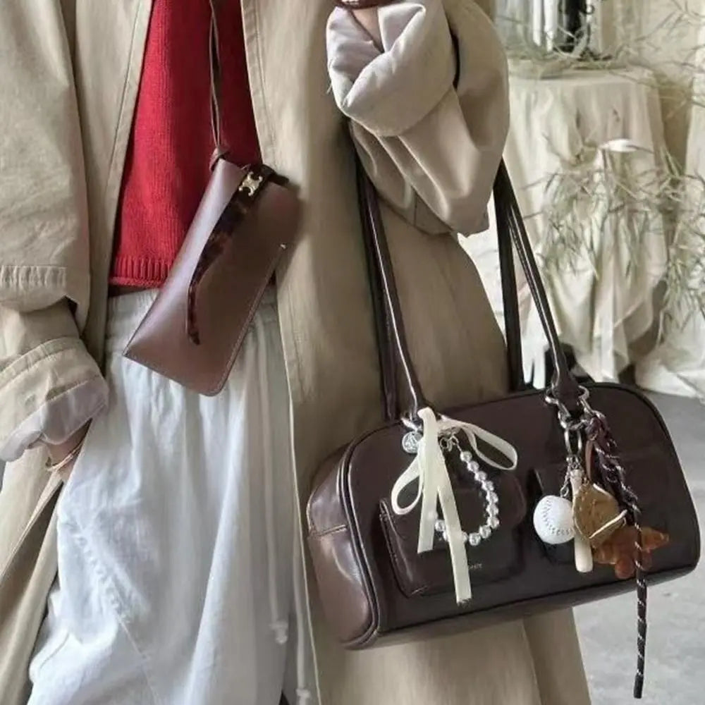 Women's Handbag 2025 New Double Handle Shoulder Commuter Bag Versatile Fashion Medium Size PU Leather Zipper Closure Bag