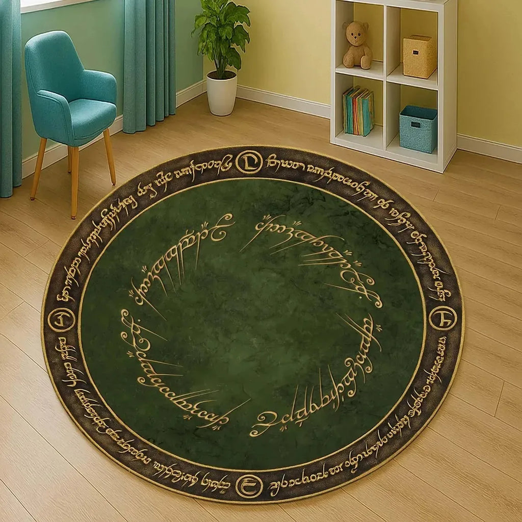 Middle Earth Rug, Fantasy Round Green Carpet, Magic Circle Floor Mat for Themed Room Entrance Gaming Bedroom Gaming Decor