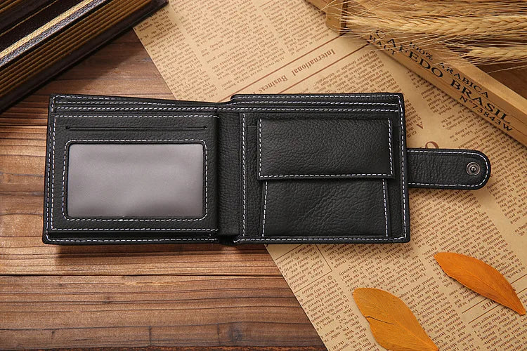 Genuine Leather Mens Wallet Premium Product Real Cowhide Wallets for Man Short Black Walet Portefeuille Homme Short Purses